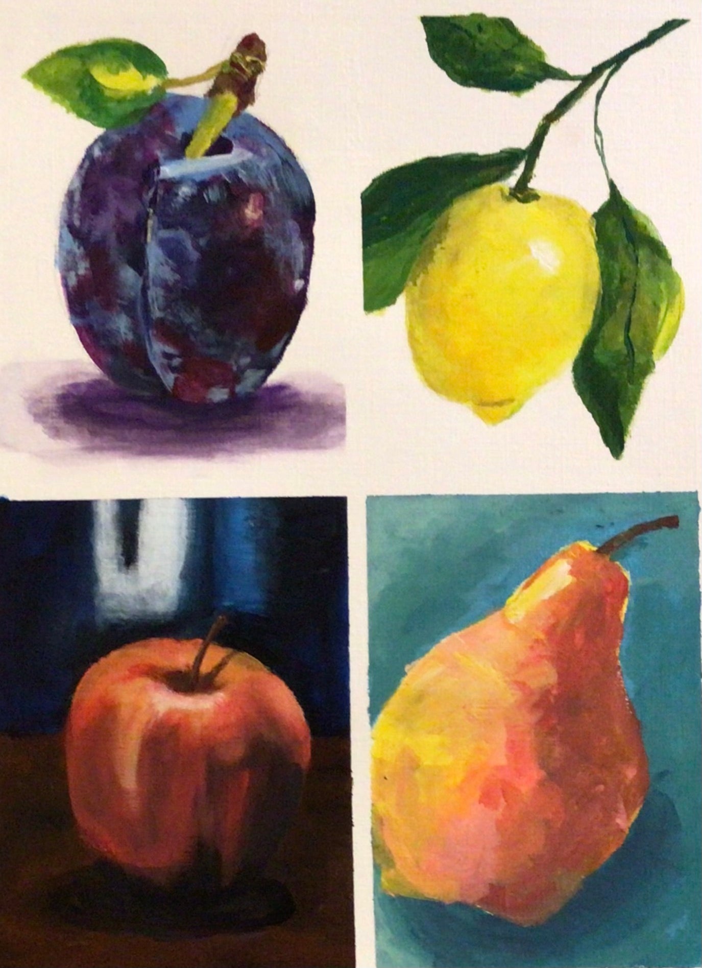 Colour theory. 4 exercises of fruit: clockwise from top left, plum, lemon, pear, apple